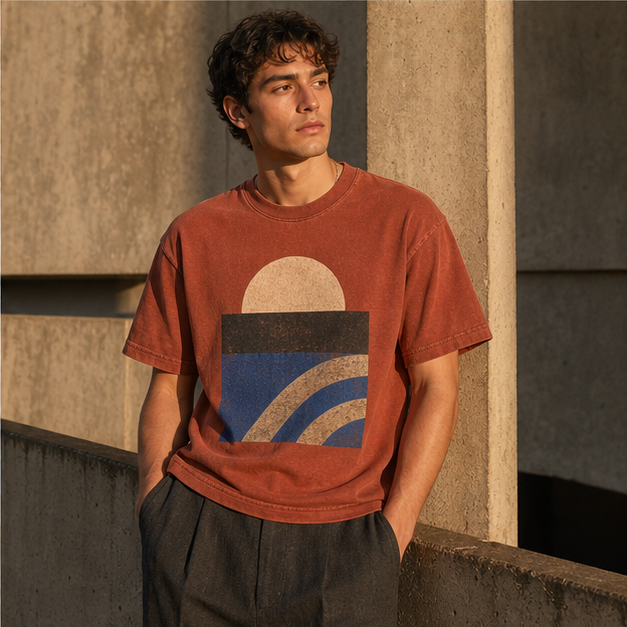 Model wearing Afterglow Brick tee in golden-hour concrete setting