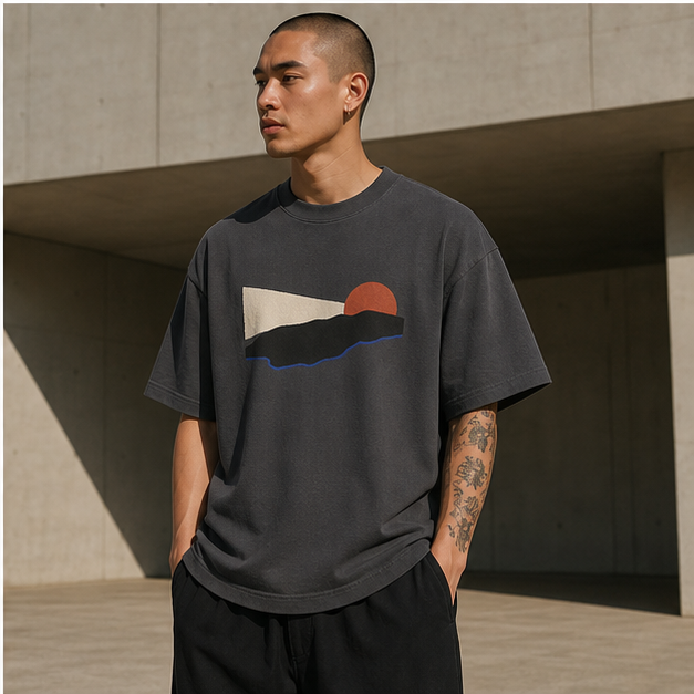 Model wearing Asphalt Horizon heavyweight tee