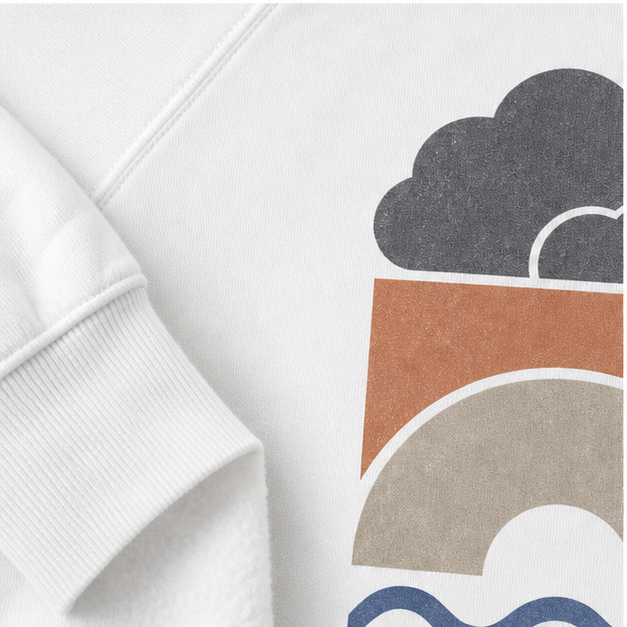 Close-up of White sponge fleece, ribbing and matte cloud print