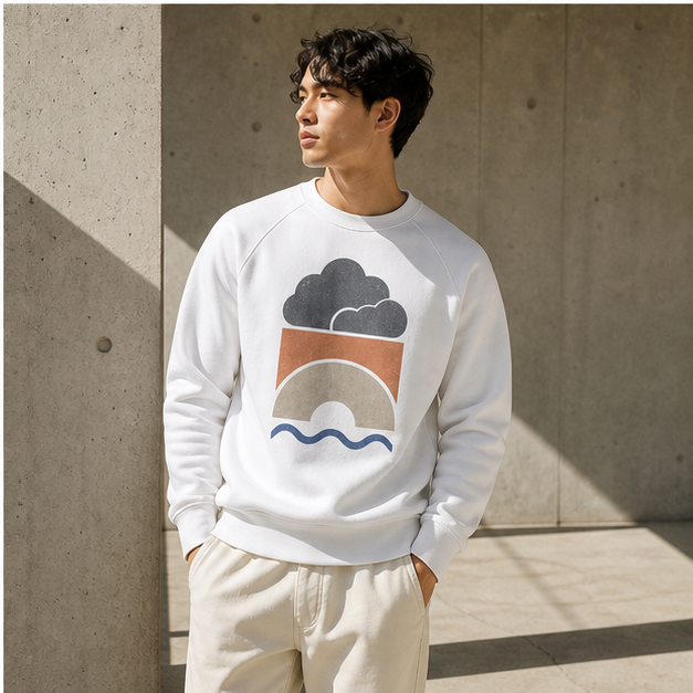 Model wearing Cloud Structure White 3901 sweatshirt