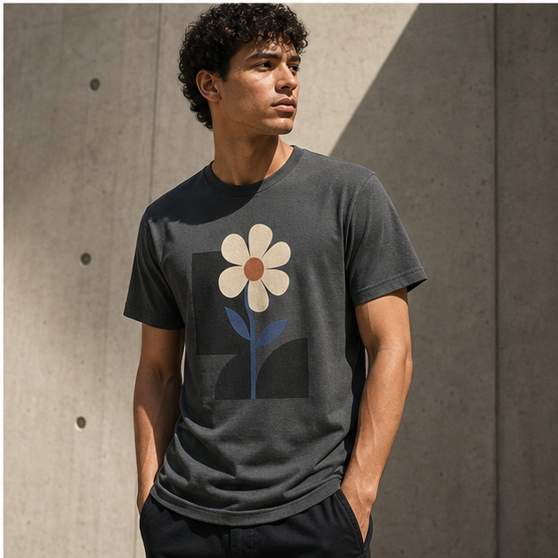 Model wearing Concrete Bloom Asphalt 3001 graphic tee
