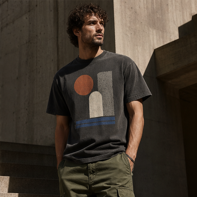 Model wearing Concrete Sun Graphite tee against raw concrete