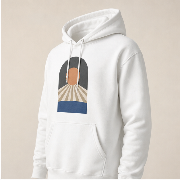 Three-quarter view of Daybreak White sponge fleece hoodie