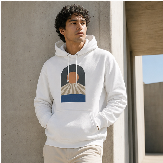 Model wearing Daybreak White 3719 pullover hoodie