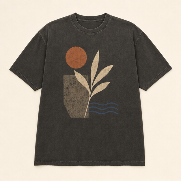 Front view of Desert Bloom heavyweight graphic tee in washed Pepper cotton