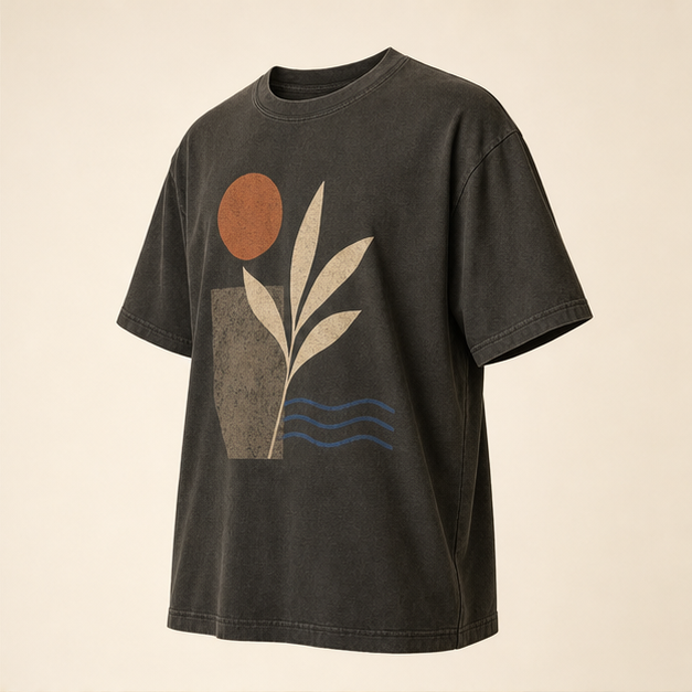 Three-quarter view of Desert Bloom graphic tee in washed Pepper cotton