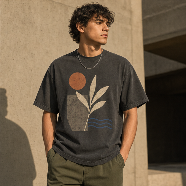 Model wearing Desert Bloom Pepper graphic tee in warm concrete setting