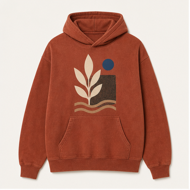 Front view of Desert Bloom pullover hoodie in Faded Rust fleece