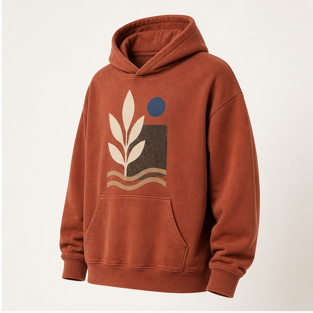 Three-quarter view of Desert Bloom Faded Rust hoodie