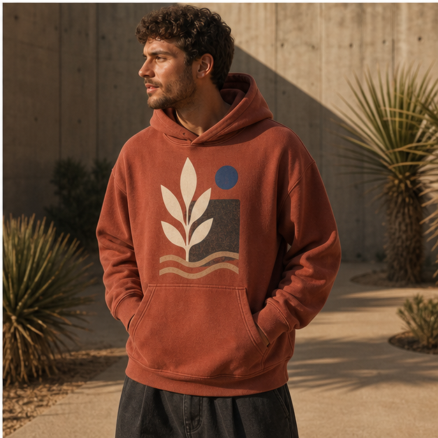 Model wearing Desert Bloom Faded Rust hoodie in a concrete courtyard