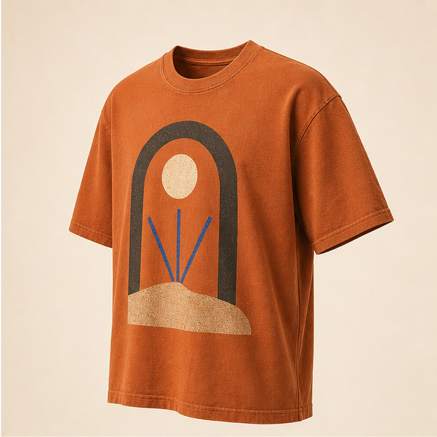 Three-quarter view of Desert Signal Yam graphic tee