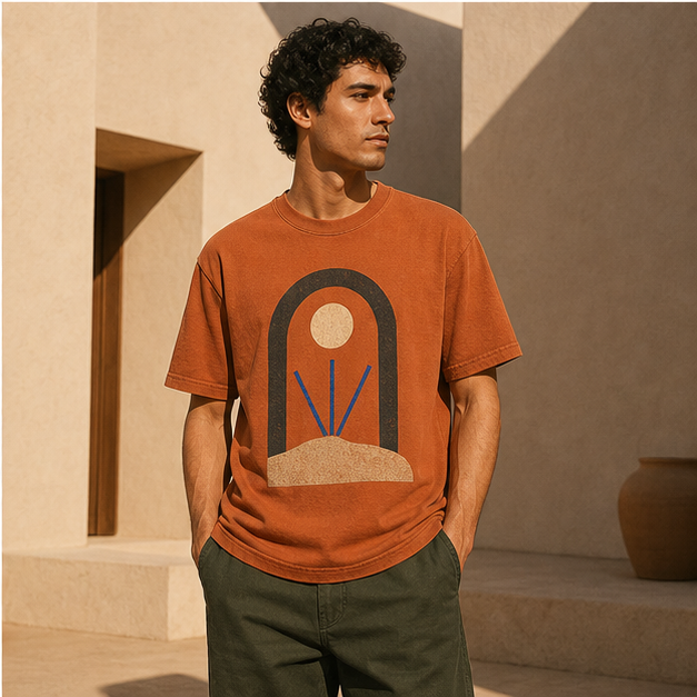 Model wearing Desert Signal Yam tee in a sunlit sandy courtyard