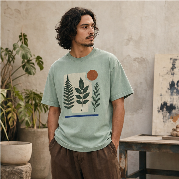 Model wearing Field Notes Chalky Mint tee in an artist courtyard