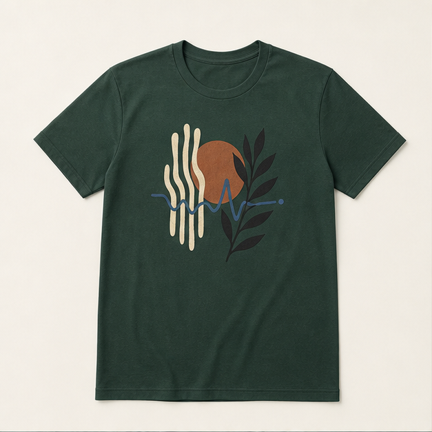 Front view of Forest Rhythm 3001 graphic tee in BELLA+CANVAS Forest