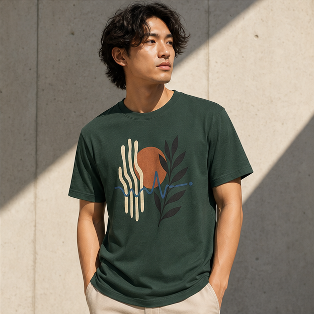 Model wearing Forest Rhythm 3001 graphic tee