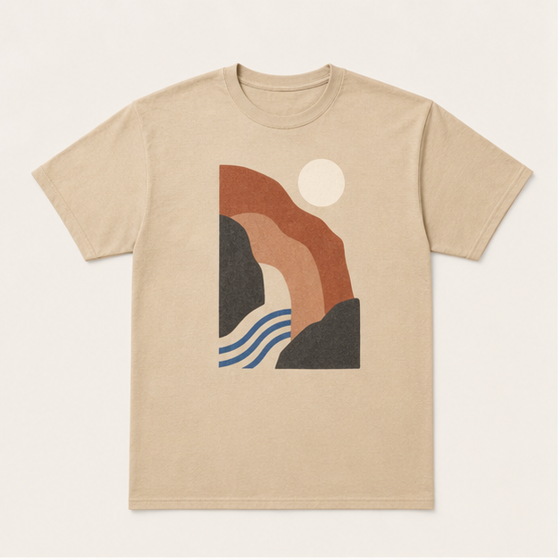 Front view of Canyon Echo G5000 graphic tee in Gildan Sand
