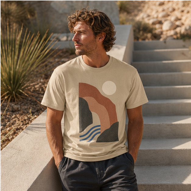 Model wearing Canyon Echo Sand G5000 graphic tee