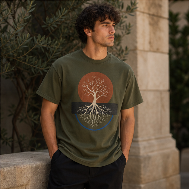 Model wearing Earthbound Military Green G5000 tee