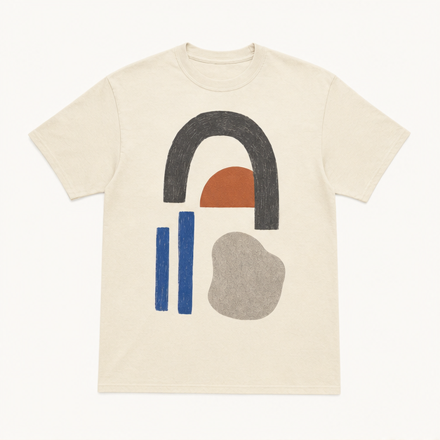 Front view of Open Form G5000 graphic tee in Gildan Natural