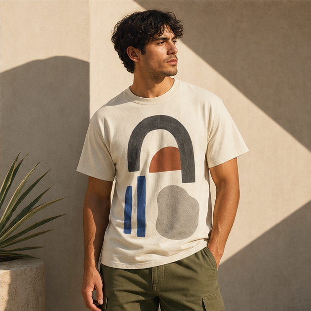 Model wearing Open Form Natural G5000 graphic tee