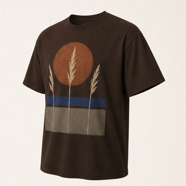 Three-quarter view of Ember Field Dark Chocolate G5000 tee