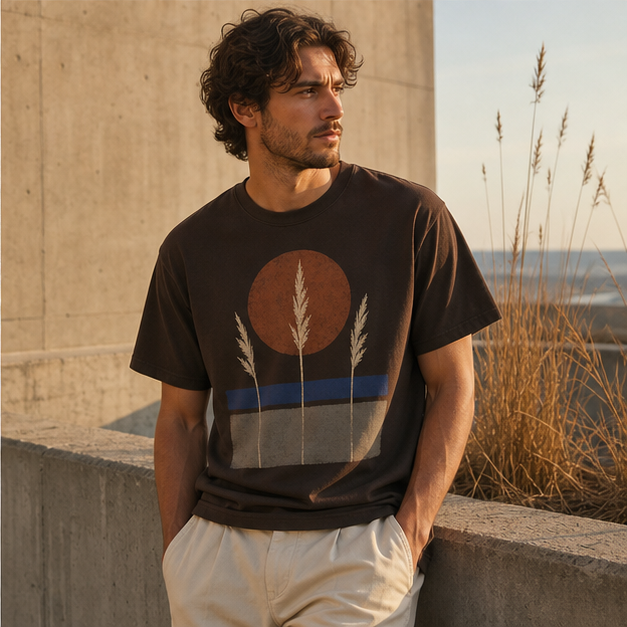 Model wearing Ember Field Dark Chocolate G5000 tee