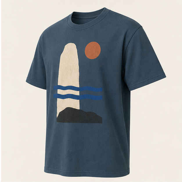 Three-quarter view of Coastal Monolith Indigo Blue G5000 tee
