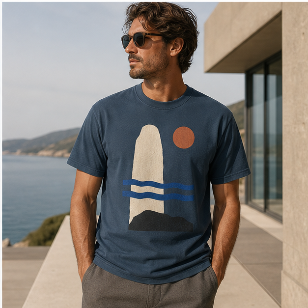 Model wearing Coastal Monolith Indigo Blue G5000 tee