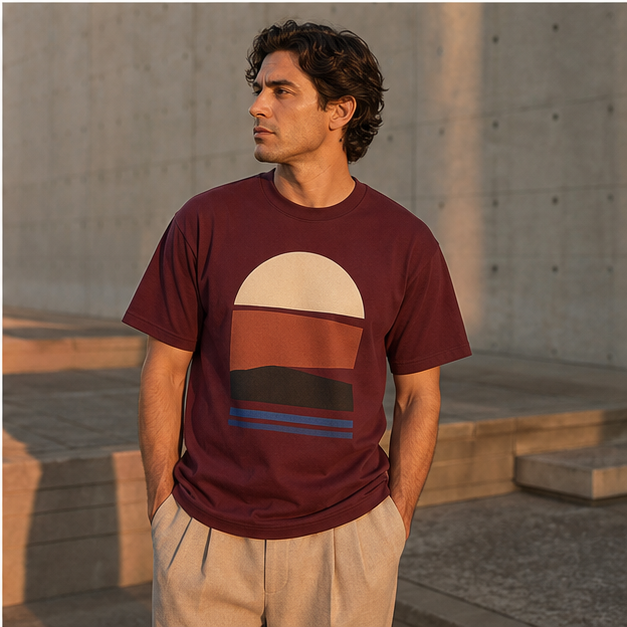 Model wearing Last Light Maroon G5000 graphic tee