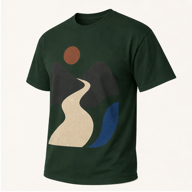 Three-quarter view of Hidden Trail Forest Green G5000 tee