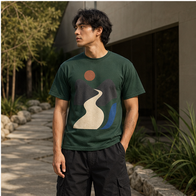 Model wearing Hidden Trail Forest Green G5000 tee