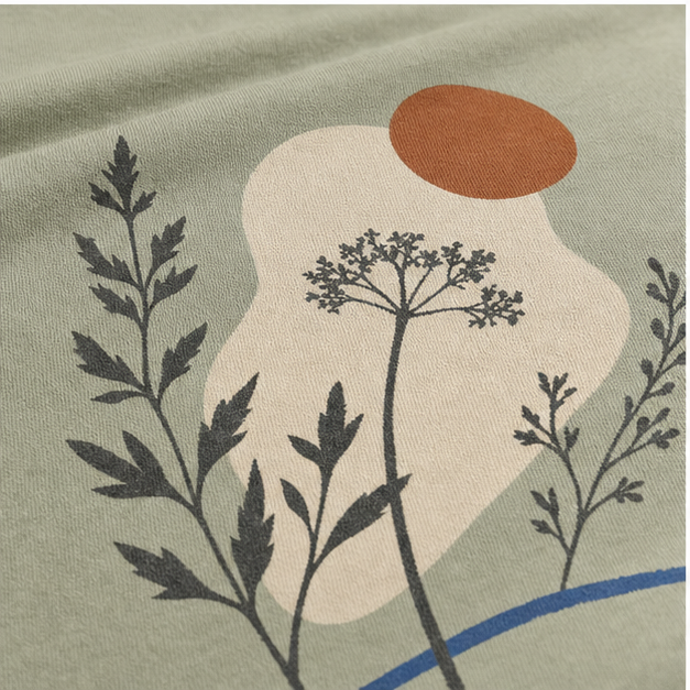Close-up of Sage Softstyle cotton and matte botanical print