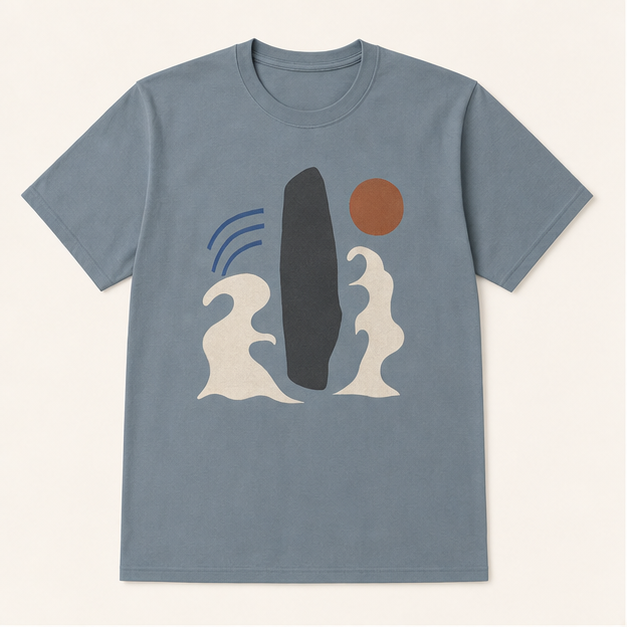 Front view of Between Tides G64000 tee in Gildan Stone Blue