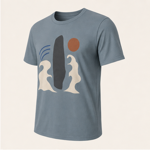 Three-quarter view of Between Tides Stone Blue G64000 tee