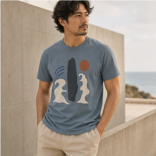Model wearing Between Tides Stone Blue G64000 tee