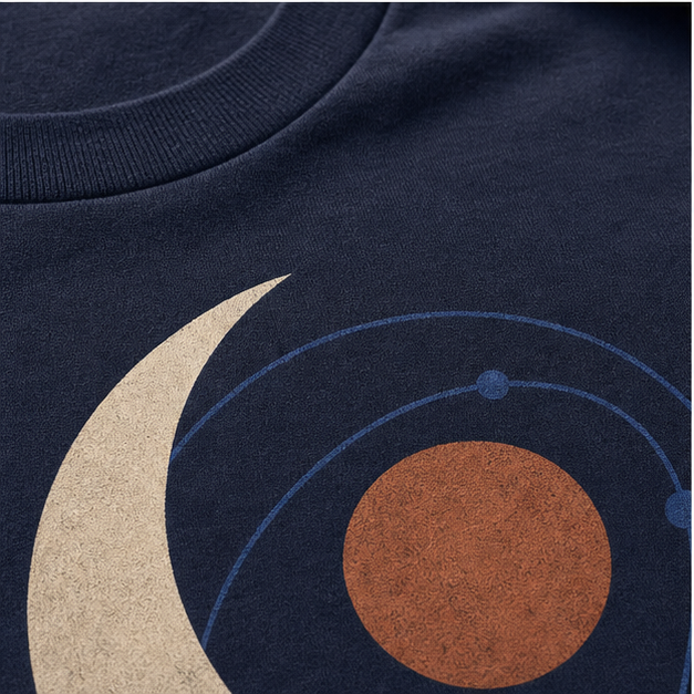 Close-up of Navy Softstyle cotton and matte lunar print
