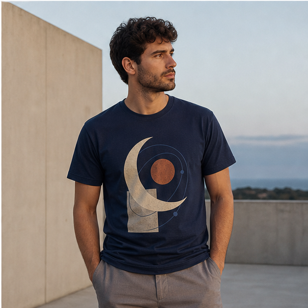 Model wearing Moon Study Navy G64000 graphic tee