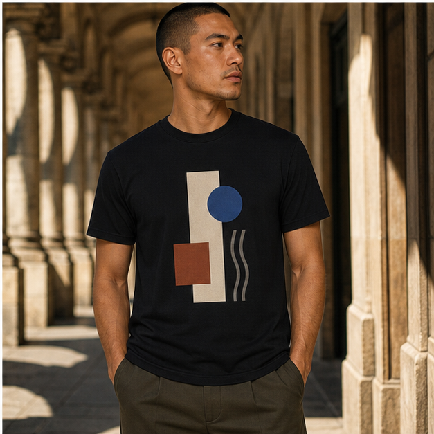 Model wearing Quiet Signal Black G64000 graphic tee