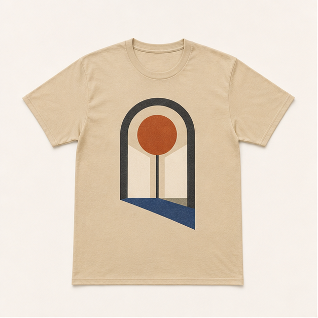 Front view of Sunroom G64000 graphic tee in Gildan Sand
