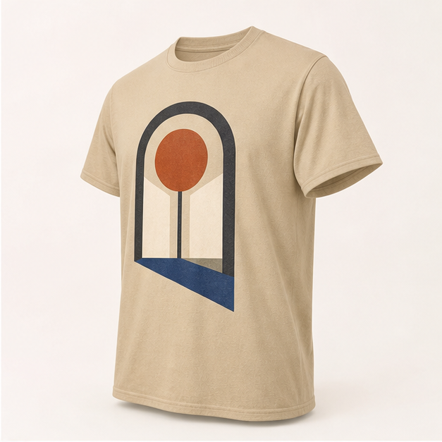 Three-quarter view of Sunroom Sand G64000 tee