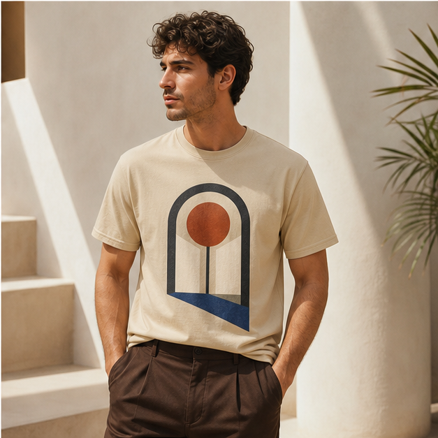 Model wearing Sunroom Sand G64000 graphic tee