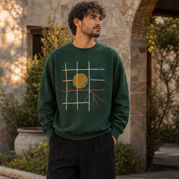 Model wearing Field System Forest Green G18000 crewneck