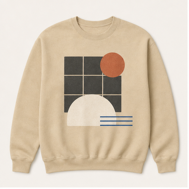 Front view of Desert Grid G18000 crewneck in Gildan Sand