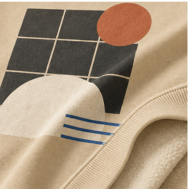 Close-up of Sand Heavy Blend fleece and matte desert print