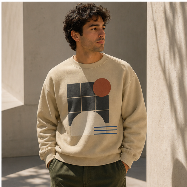 Model wearing Desert Grid Sand G18000 crewneck