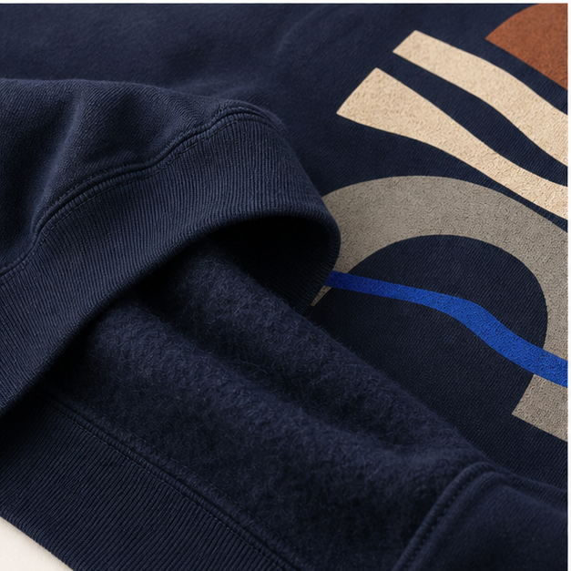 Close-up of Navy Heavy Blend fleece and matte tide print