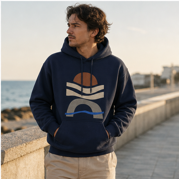 Model wearing Low Tide Navy G18500 pullover hoodie