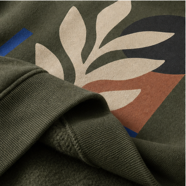 Close-up of Military Green Heavy Blend fleece and matte print