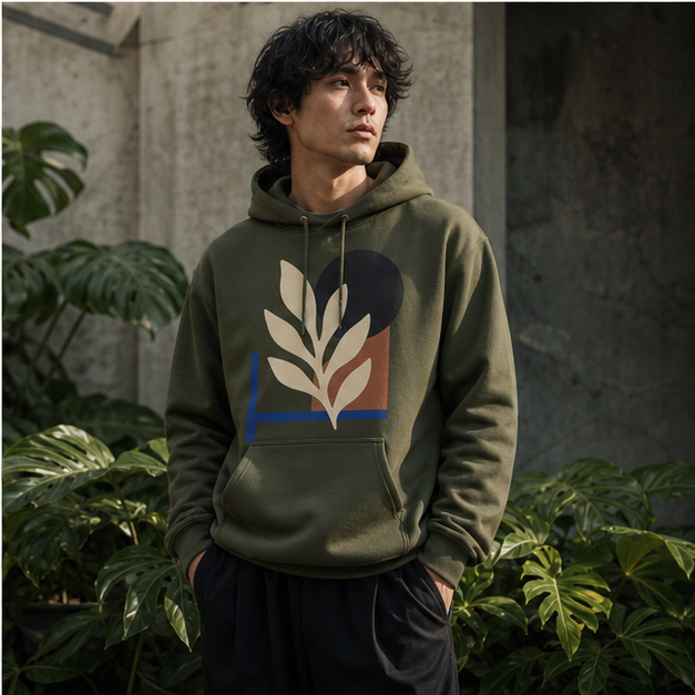 Model wearing Wild Geometry Military Green G18500 hoodie