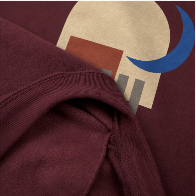 Close-up of Maroon Heavy Blend fleece and matte night print